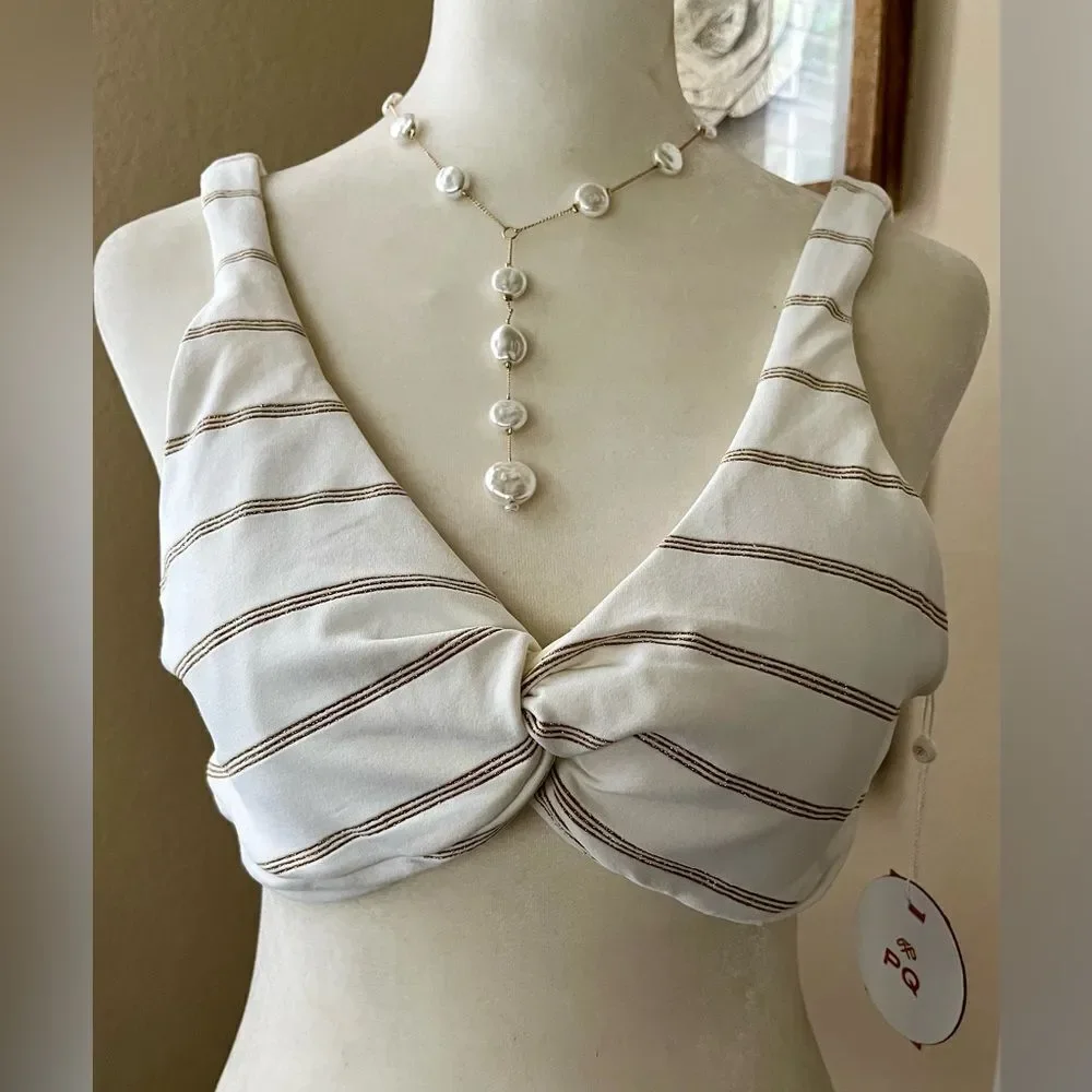 NWT PQ Swim Anthropologie Twist Ivory/Gold Adj Back Tie Padded/Lined Size D
